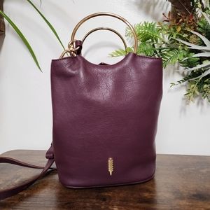 THACKER New York Bonnie O Handle Bucket Pebbled Leather Crossbody Bag Eggplant.